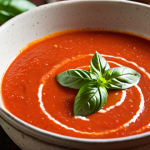 **Image:** A vibrant, close-up shot of creamy tomato basil soup in a rustic bowl, garnished with fresh basil leaves and a drizzle of olive oil. Focus on the rich red color and the texture of the soup.