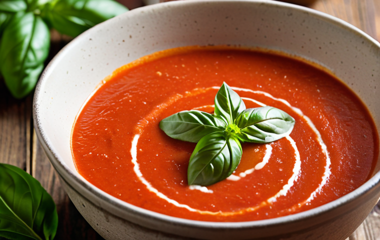 **Image:** A vibrant, close-up shot of creamy tomato basil soup in a rustic bowl, garnished with fresh basil leaves and a drizzle of olive oil. Focus on the rich red color and the texture of the soup.