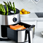 A professional close-up shot of a modern air fryer in a bright, clean kitchen, actively cooking perfectly seasoned salmon fillets and green asparagus spears. The air fryer basket is visible, showcasing the healthy meal in progress. Bowls of fresh lemons and dill are arranged neatly on a sleek countertop in the background, suggesting healthy preparation. The scene emphasizes efficiency and nutritious cooking for optimal brain health. Professional food photography, high resolution, soft natural lighting, safe for work, appropriate content, fully clothed (contextual), professional, modest, family-friendly, crisp focus, vibrant colors, delicious.