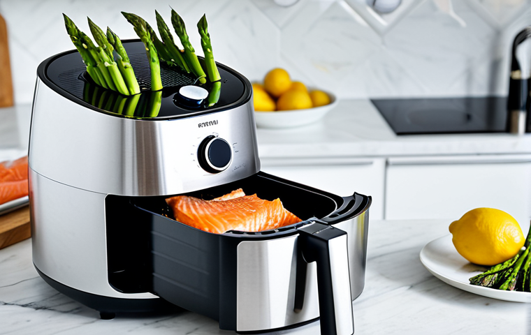 A professional close-up shot of a modern air fryer in a bright, clean kitchen, actively cooking perfectly seasoned salmon fillets and green asparagus spears. The air fryer basket is visible, showcasing the healthy meal in progress. Bowls of fresh lemons and dill are arranged neatly on a sleek countertop in the background, suggesting healthy preparation. The scene emphasizes efficiency and nutritious cooking for optimal brain health. Professional food photography, high resolution, soft natural lighting, safe for work, appropriate content, fully clothed (contextual), professional, modest, family-friendly, crisp focus, vibrant colors, delicious.