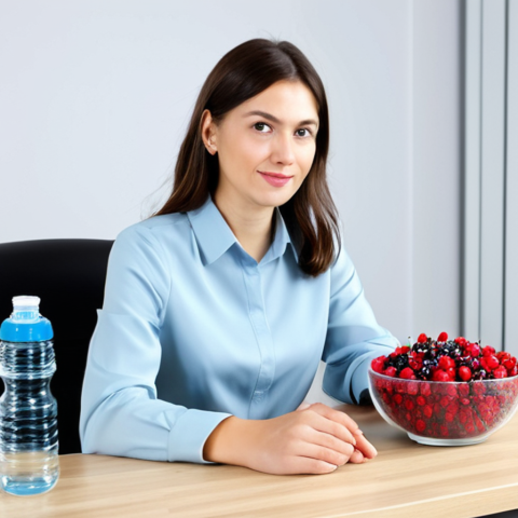 **
"A professional woman in a stylish, modest blouse and skirt, sitting at a bright, modern desk with a water bottle and a bowl of berries, fully clothed, appropriate attire, safe for work, perfect anatomy, natural proportions, focused expression, professional studio photography, high quality, family-friendly, well-formed hands, proper finger count."
**