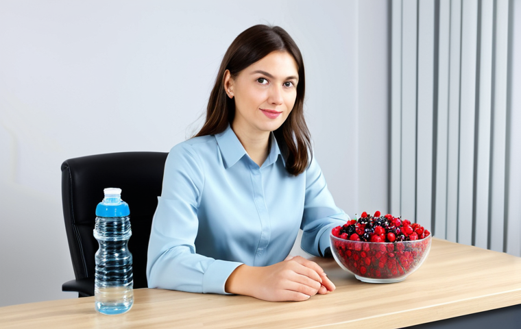 **
"A professional woman in a stylish, modest blouse and skirt, sitting at a bright, modern desk with a water bottle and a bowl of berries, fully clothed, appropriate attire, safe for work, perfect anatomy, natural proportions, focused expression, professional studio photography, high quality, family-friendly, well-formed hands, proper finger count."
**