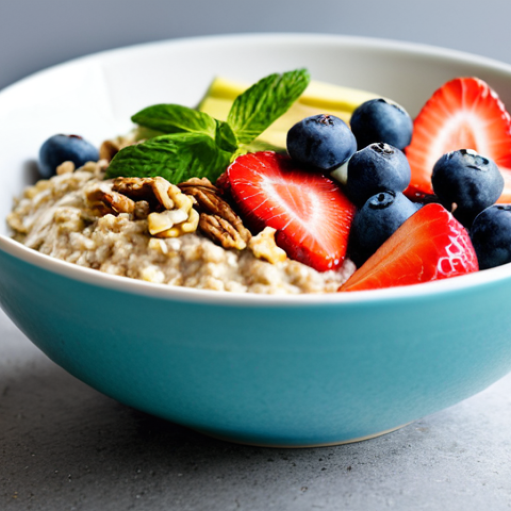 **
A vibrant, close-up shot of a colorful and healthy breakfast bowl. The bowl contains oatmeal topped with fresh blueberries, sliced strawberries, chopped walnuts, and a sprinkle of flaxseeds. Natural light highlights the textures and colors of the ingredients. In the background, a glass of water and a green smoothie are subtly visible. The image conveys a sense of energy and well-being, emphasizing the importance of a nutritious start to the day. safe for work, appropriate content, fully clothed, family-friendly, perfect anatomy, correct proportions, natural pose, professional food photography, high quality.
**