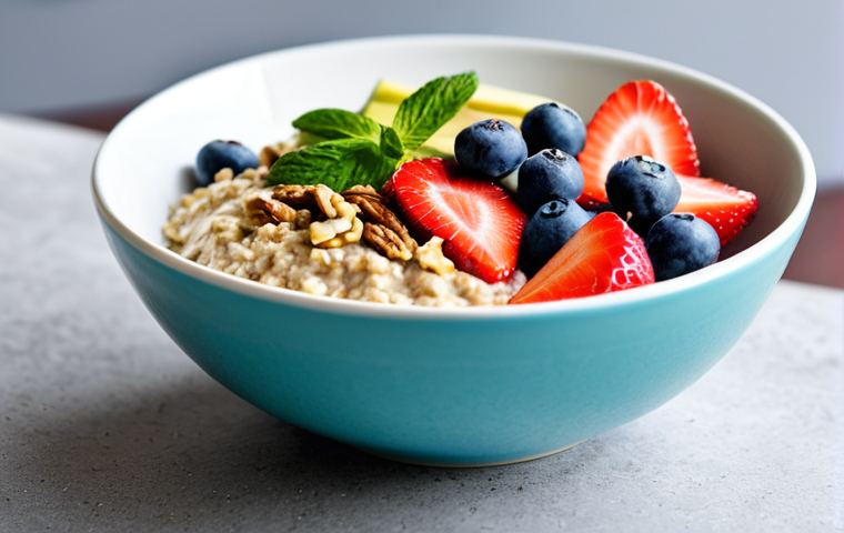 **
A vibrant, close-up shot of a colorful and healthy breakfast bowl. The bowl contains oatmeal topped with fresh blueberries, sliced strawberries, chopped walnuts, and a sprinkle of flaxseeds. Natural light highlights the textures and colors of the ingredients. In the background, a glass of water and a green smoothie are subtly visible. The image conveys a sense of energy and well-being, emphasizing the importance of a nutritious start to the day. safe for work, appropriate content, fully clothed, family-friendly, perfect anatomy, correct proportions, natural pose, professional food photography, high quality.
**