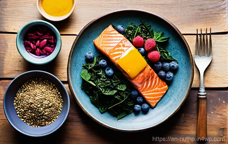 항염증 식단이 뇌 건강에 미치는 효과 - **Nourishment:** The person is seated at a minimalist table, enjoying a well-balanced, anti-inflamma...