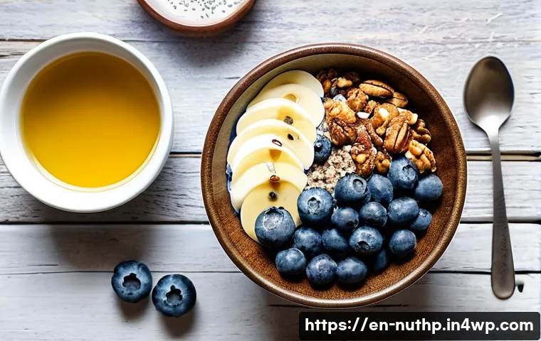 뇌 건강을 위한 슈퍼푸드 조합 - A vibrant, close-up overhead shot of a healthy breakfast bowl featuring oatmeal topped with fresh bl...