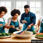 Home 21 정신적 회복을 돕는 뇌 건강 식단 - A bright, modern kitchen scene featuring a diverse group of young adults preparing a colorful, nutri...