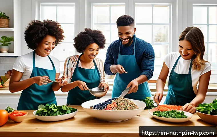 정신적 회복을 돕는 뇌 건강 식단 - A bright, modern kitchen scene featuring a diverse group of young adults preparing a colorful, nutri...