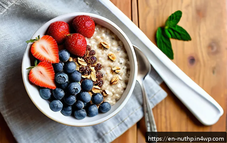 뇌 건강 향상을 위한 간단한 레시피 - A vibrant, close-up overhead shot of a wholesome oatmeal bowl on a rustic wooden table, topped with ...