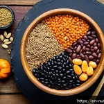 Home 19 뇌 건강을 위한 대체 단백질 식품 - A vibrant, close-up still life of a wooden bowl filled with a colorful mix of plant-based brain food...
