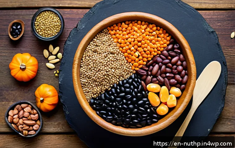 뇌 건강을 위한 대체 단백질 식품 - A vibrant, close-up still life of a wooden bowl filled with a colorful mix of plant-based brain food...