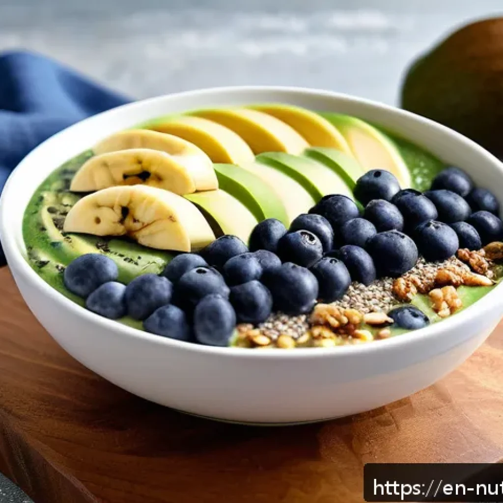 뇌 건강을 위한 조리법 및 레시피 - A vibrant, nutrient-dense smoothie bowl in a rustic ceramic bowl, featuring a creamy blend of avocad...