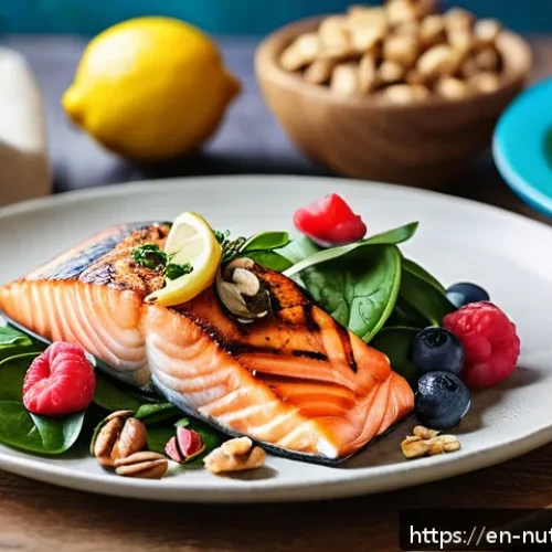 Home 17 식이요법으로 뇌 건강에 미치는 영향 - A vibrant, close-up still life of a nutritious brain-boosting meal featuring grilled salmon and mack...