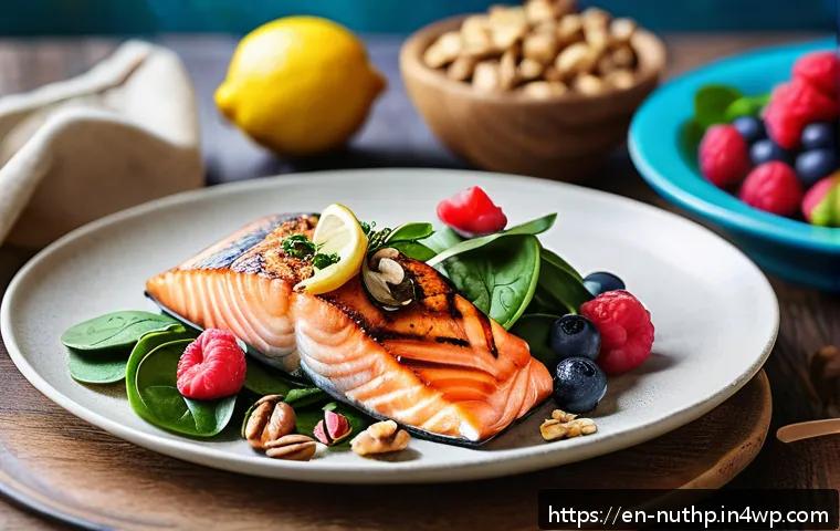 식이요법으로 뇌 건강에 미치는 영향 - A vibrant, close-up still life of a nutritious brain-boosting meal featuring grilled salmon and mack...