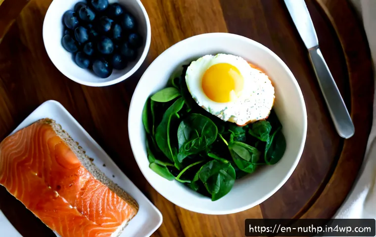 영양학적 관점에서 본 뇌 건강과 음식 - Photorealistic overhead kitchen table scene illustrating nutrition for brain health, a fresh salmon ...